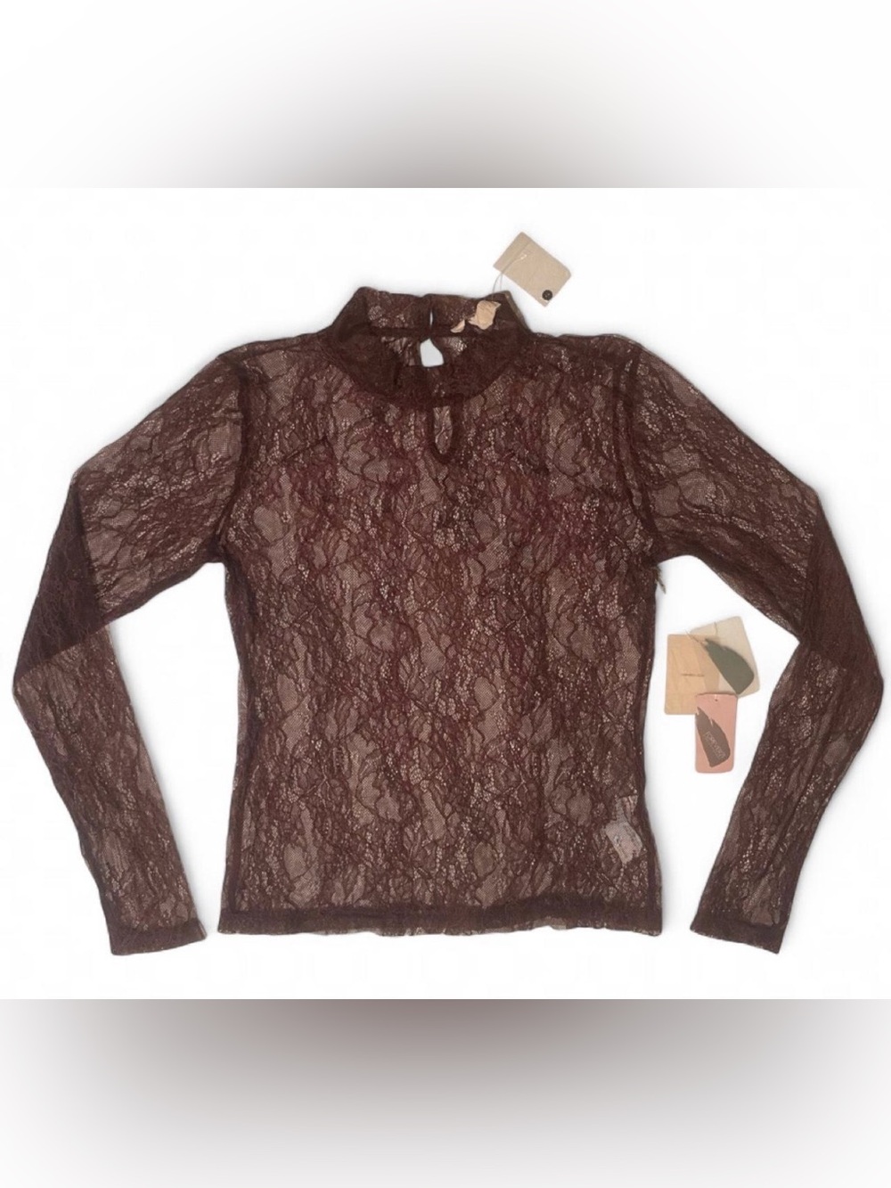 Forever 21 Burgundy Sheer Lace Long Sleeve Mock Neck Top